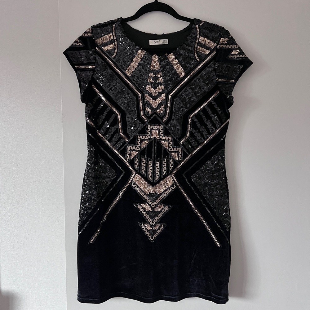 DEX Black and Gold Geometric Sequin Mini Dress